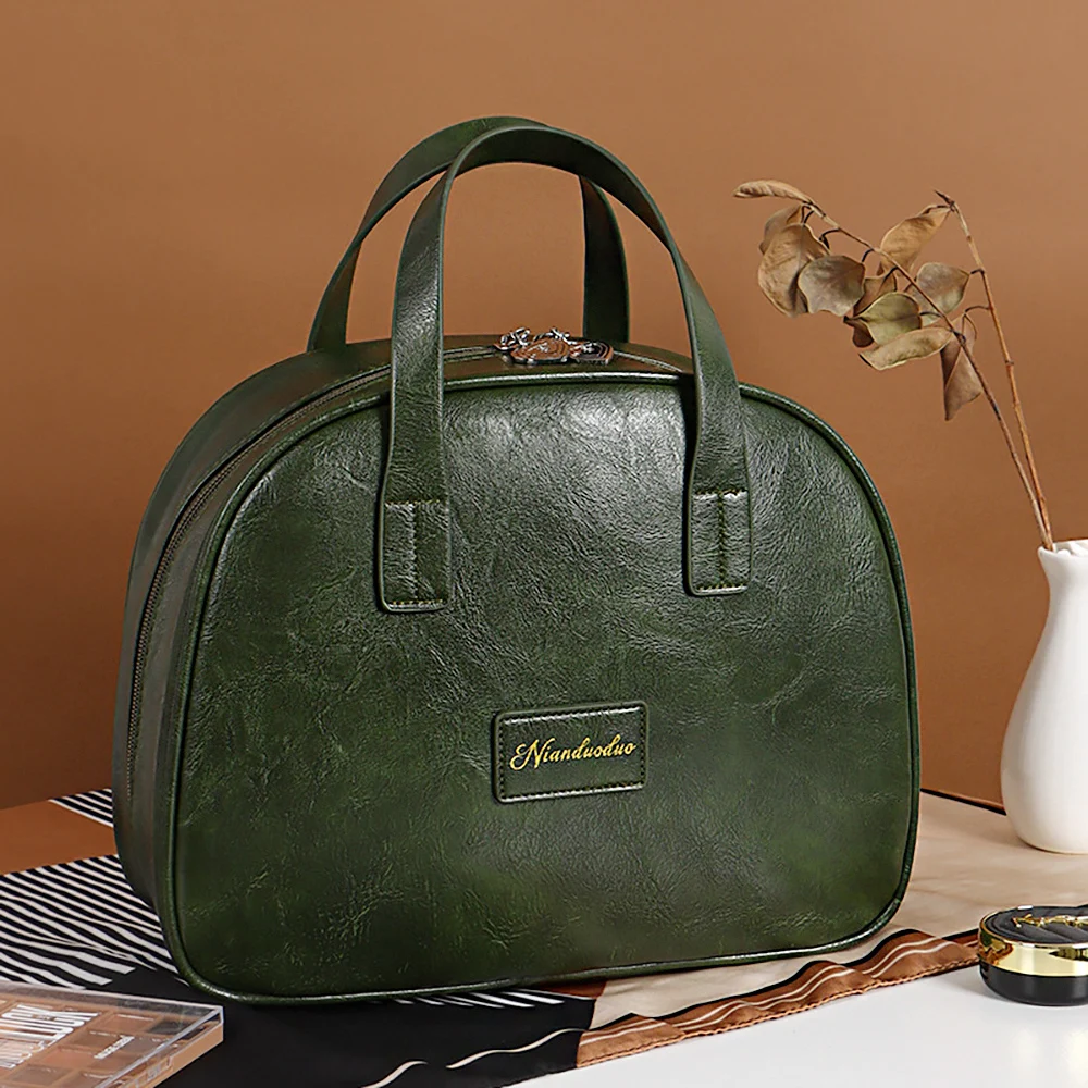 New Fashionable Retro Pu Leather Hand-Held Cosmetic Bag; Portable Oil-Waxed Leather High-End Waterproof Beauty Bag; Large-Capacity Multi-Compartment Cosmetics and Skincare Storage Bag for Travel