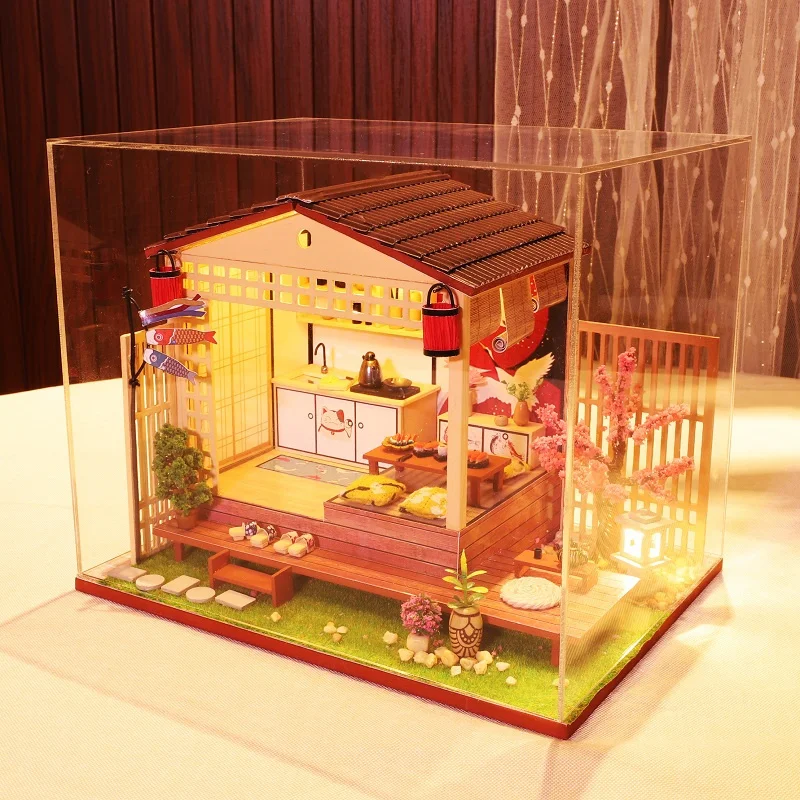 Diy Houten Japanse Poppenhuis Model Miniatuur Bouwpakketten Poppenhuis Met Meubels Kersenbloesems Villa Speelgoed Voor Meisjes Geschenken