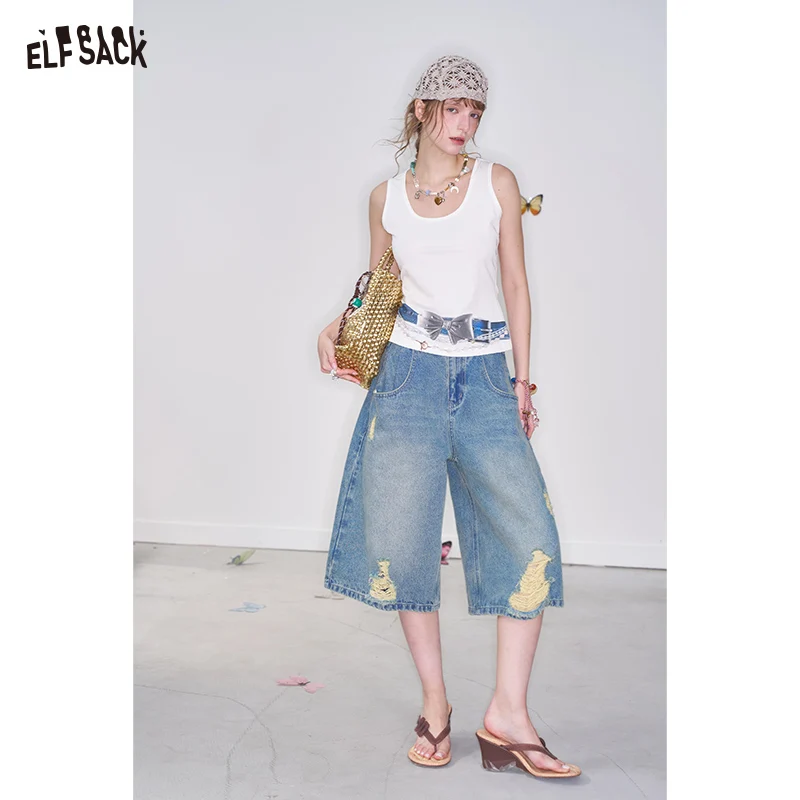 ELFSACK 2025 Spring New Arrivals Y2K Bowknot Print White Sleeveless Camisole Women