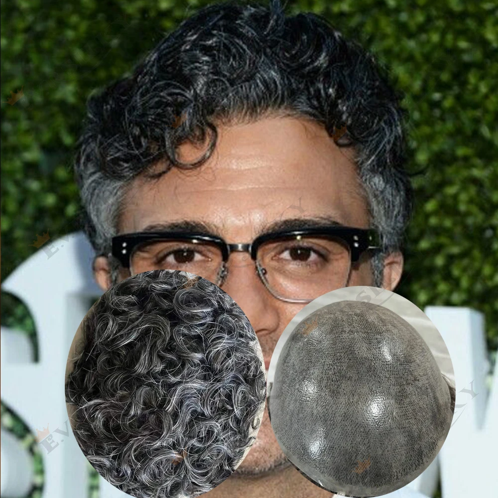 

20 мм вьющиеся мужские парики, прочные натуральные волосы 1B40 1B65, серые, черные, коричневые человеческие волосы, тонкая микрокожа, полный капиллярный протез из искусственной кожи