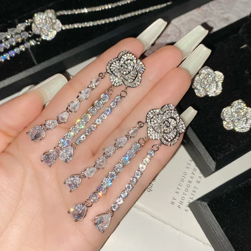 

MDLFES Moissan Diamonds Style Rose Flower Drop Earrings 18K Rosebud Zirconia Drop Earrings