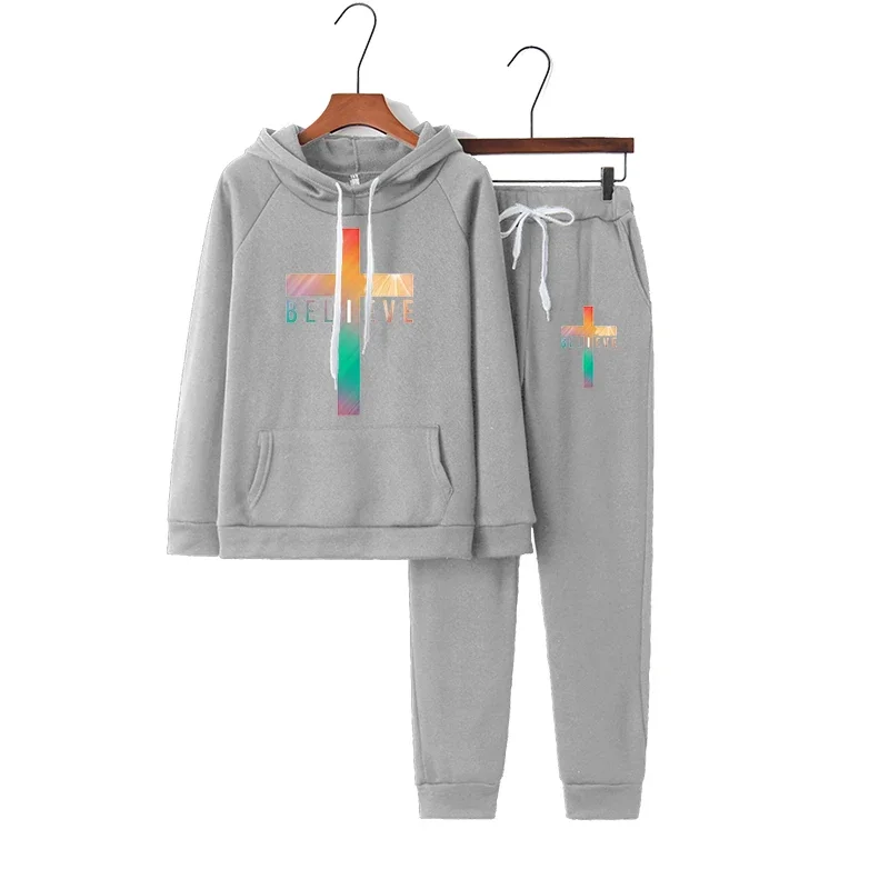 Ladies I Believe Cross Printed Hoodie sets Women French Style faith Design Long Sleeve sweatshirt sweatpant suit sportwear S-4XL