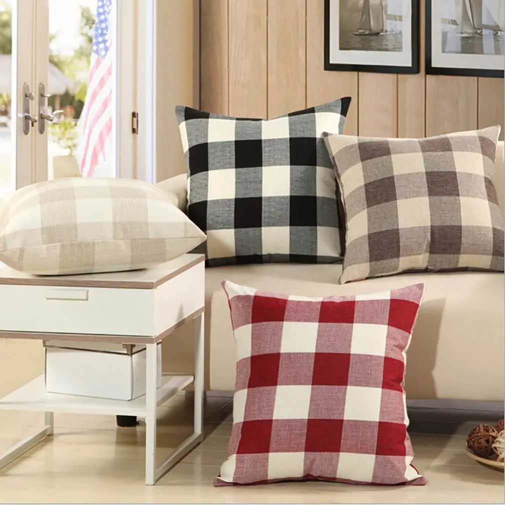 Funda de almohada cuadrada a cuadros grande clásica, cojín de cama, cojín de sofá, funda de almohada de lino