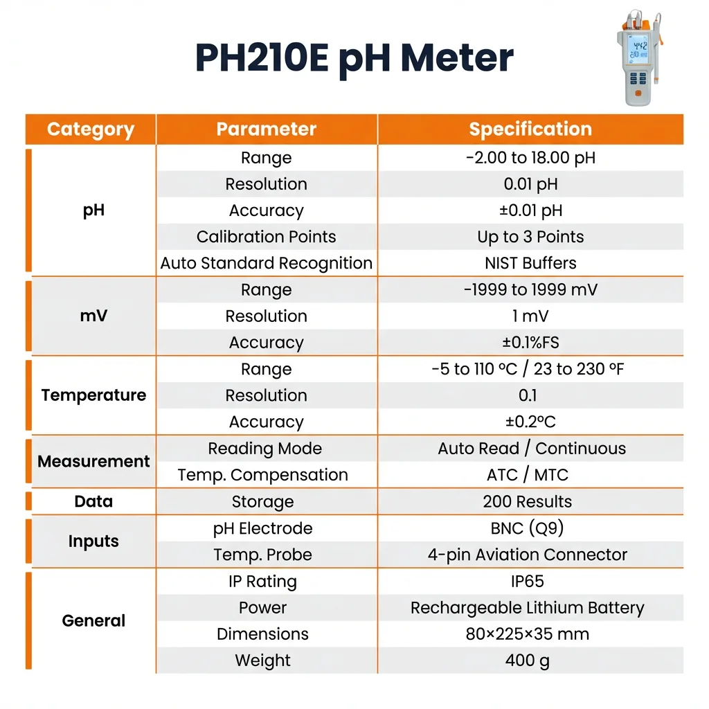 

2026PH210E Portable pH Meter Rechargeable Lithium Battery Backlight for Field/On-Site/Water Quality Rapid Measurement