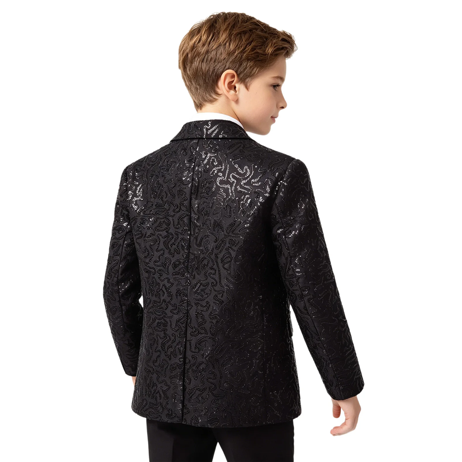 Kinder Jungen Jazz Dance Oberteile Performance Kostüm Glänzende Pailletten Glitzer Revers Einknopf-Anzugjacke Blazer Festival Smoking Jacke – Detail 16