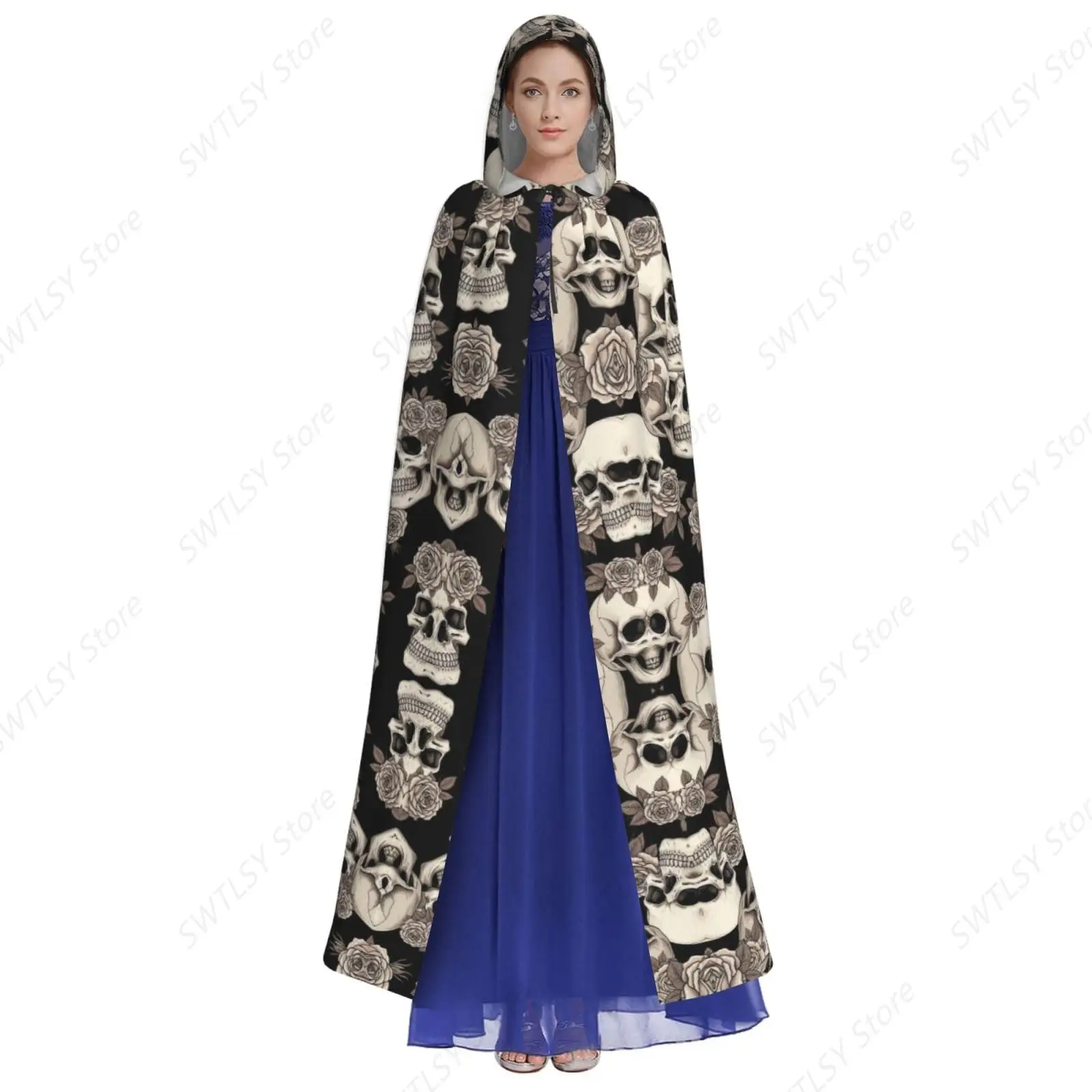Boys Girls Skulls Flowers Full Long Hooded Cloaks for Christmas Halloween Cosplay Party Costumes, Renaissance Medieval Robe