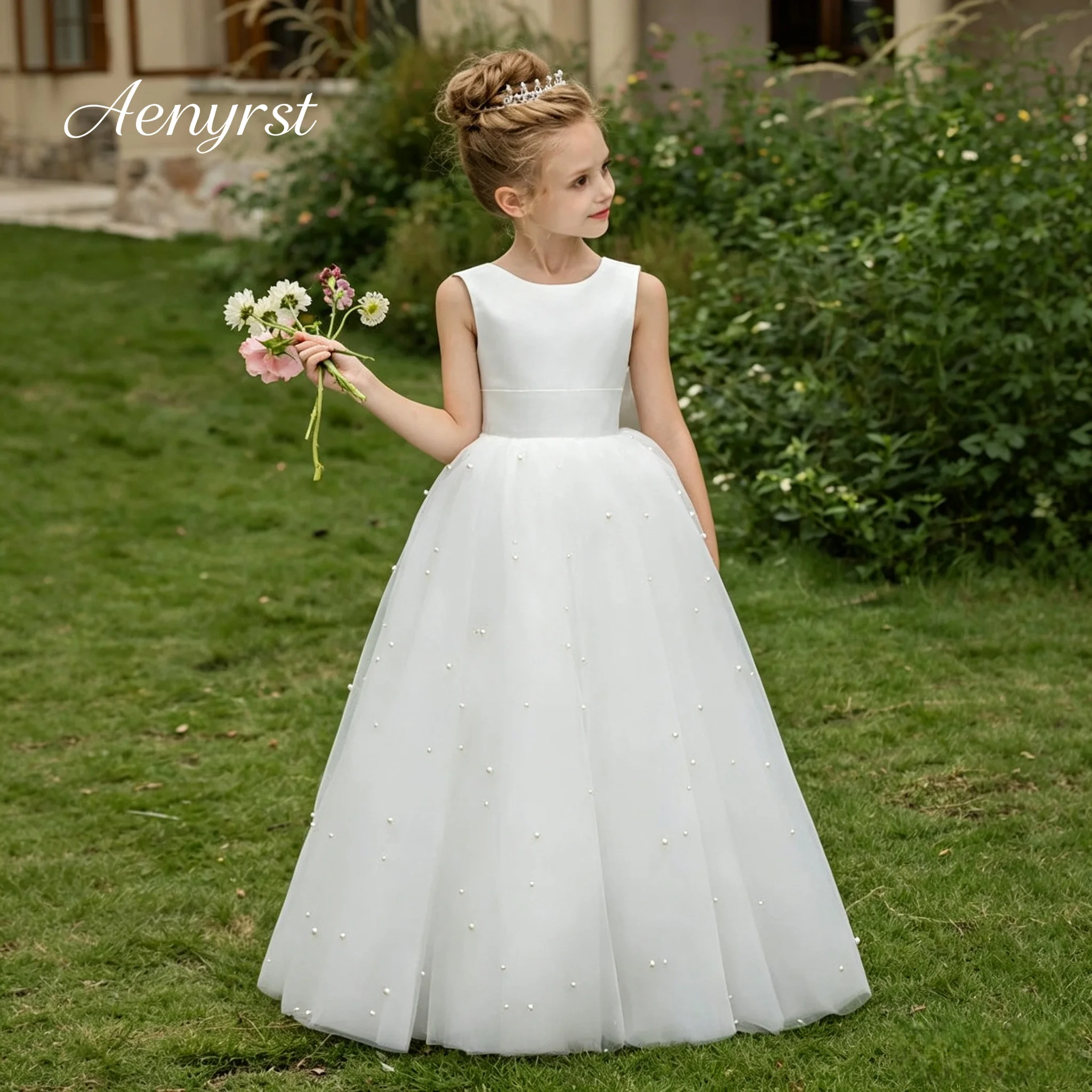 White Kids Pageant Gown Sleeveless Minimal Satin Bodice Pearl Embellished Tulle Long Skirt For Birthday Banquet Event Occasions