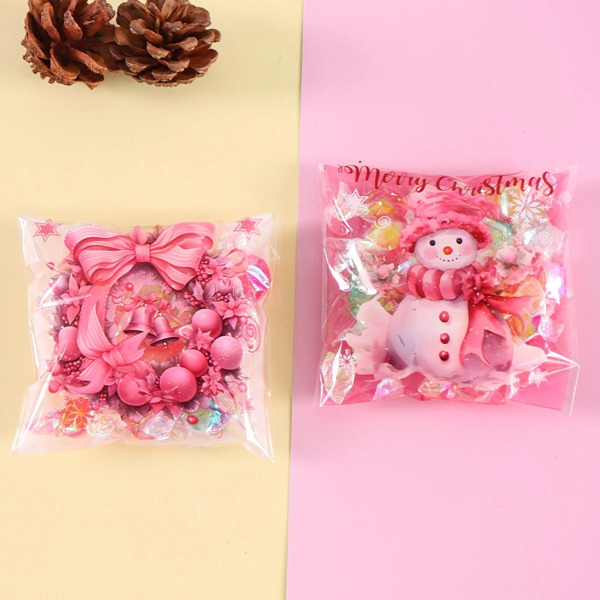 50/100 Stück rosa Weihnachts-Süßigkeitsbeutel, selbstklebende Geschenktüten, Kekse-Snack-Beutel, 2022, Navidad, Weihnachten, Neujahr, Party-Dekoration, Zubehör – Detail 4