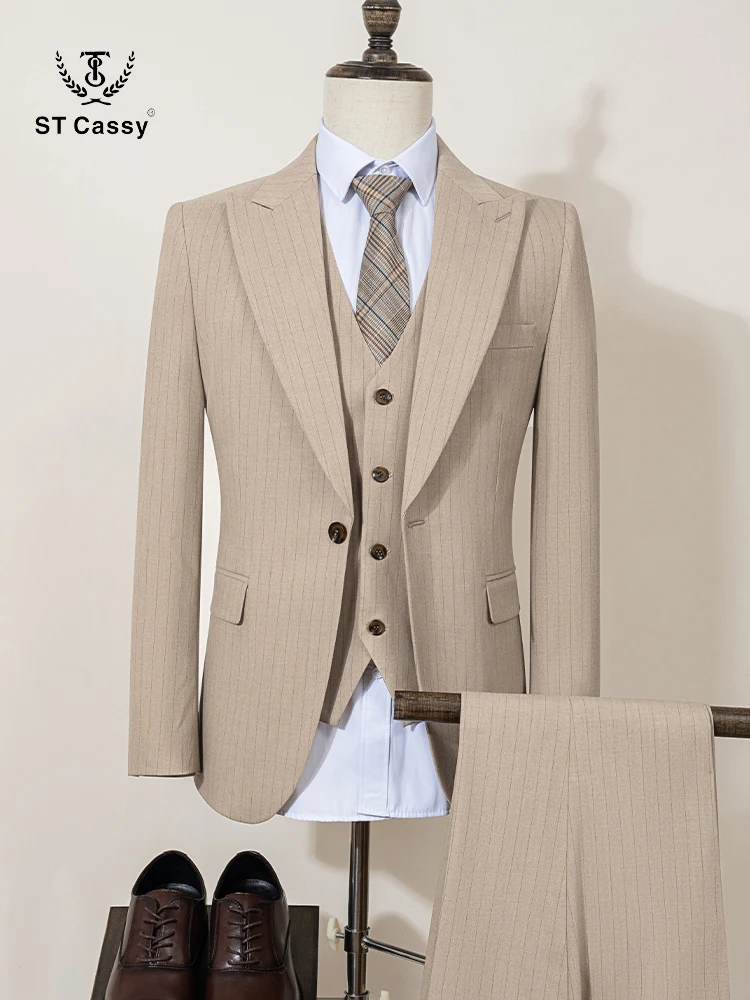 

ST Cassy high-quality khaki striped suit slim fit luxurious and elegant men's business suit wedding fashion clothing 3-piece set