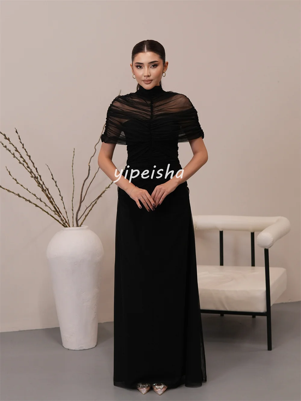 Personalizado estilo moderno tule plissado ruched drapeado em linha reta gola alta vestidos longos sob medida vestidos de ocasião tamanhos disponíveis