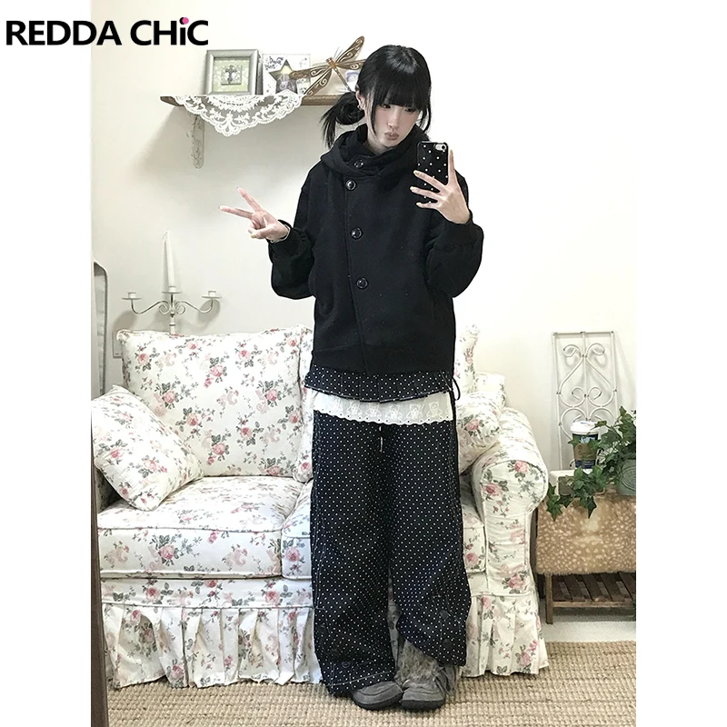 

Джинсы ReddaChic Two-Way для женщин: широкие штанины, модный стиль Y2K, черные в горошек, с кружевной отделкой, плиссированная юбка-обертка, свободные джинсовые брюки в стиле Acubi Fashion