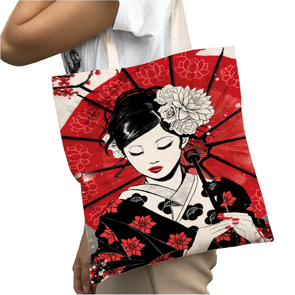 Bolsos de compras para mujer estilo japonés Koi Samurai Cat Sakura, bolso informal con estampado doble, bolso de compras de gran capacidad para mujer, bolso de mano para chica
