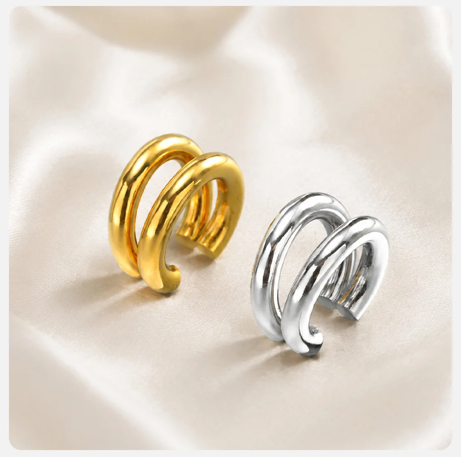 Vnox Minimalistische 1-teilige Doppelschichtige Runde Kreisförmige C-Form Ohrringe für Frauen Ohne Piercing Clip-Ohrringe Manschette Klobiger Clip-Schmuck – Detail 4