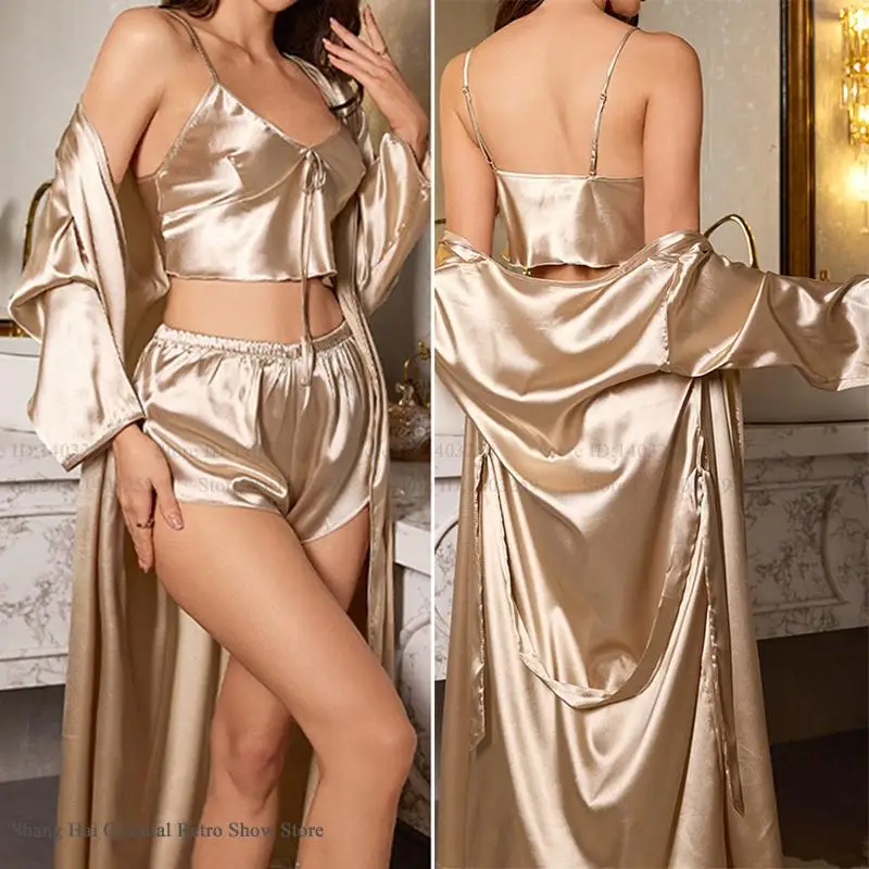 

Sexy Women 3PCS Robe Set Pajama Intimate Lingerie Silky Satin Kimono Bathrobe Gown Summer Sleepwear Home Clothes Loungewear