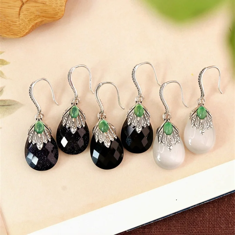 S925 Sterling Silver Charms Drop Earrings for Women Ancient Pattern Inlaid Zircon Agate Blue Sandstone Ear Drop Fashion Jewelry