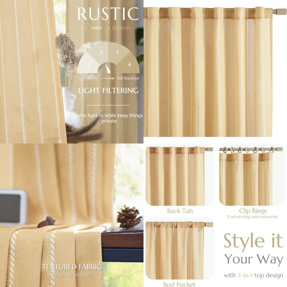

Mustard Striped Linen Blend Curtains, 96 Long, Semi-Sheer, Light Filtering, 2-Panel Set for Living Room & Bedroom