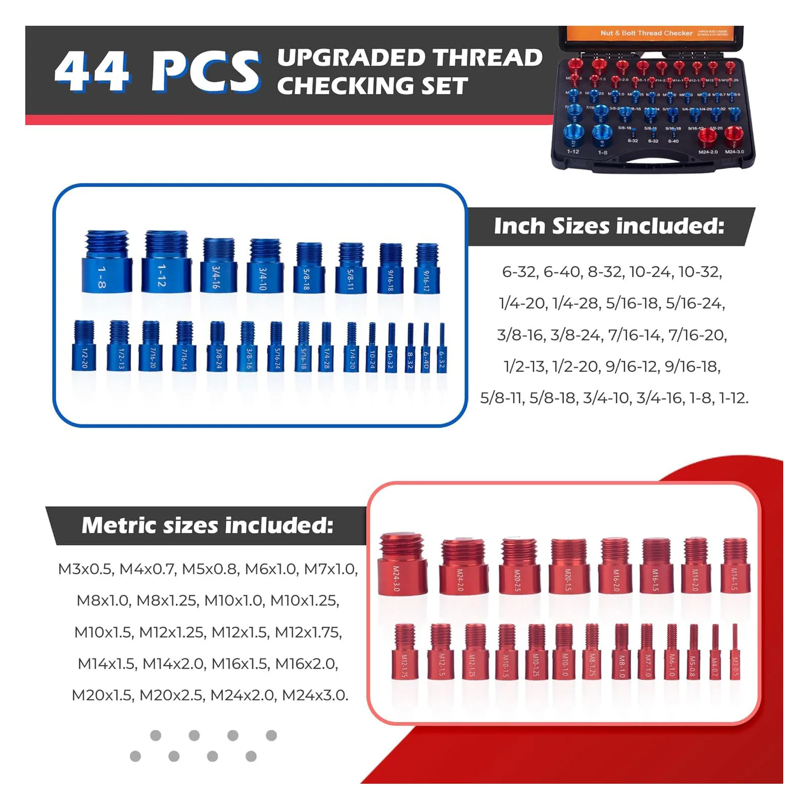 Imagem -05 - Porca de Aço Carbono e Parafuso Thread Checker com Armazenamento Box Nut Identifier Gauge Reparação de Manutenção 44 Pcs