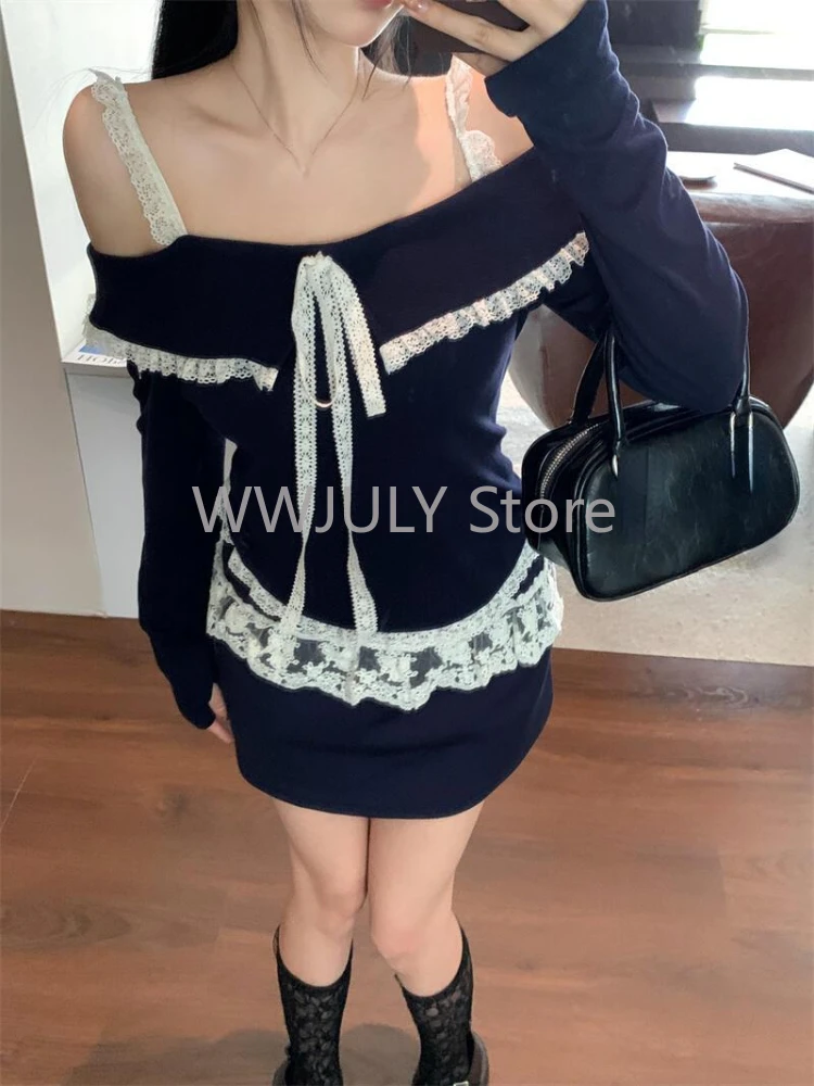 Women New 2024 Autumn Fashion Lace Patchwork Off Shoulder Ruffles Lace-up Tops + High Waist Mini Skirt Two Piece Set Y2k