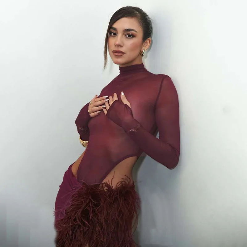 

Женский сексуальный пушистый лоскутный комплект из 2 предметов с прозрачной сеткой, водолазка, боди с длинными рукавами, топы + облегающие макси-юбки с разрезом, костюмы