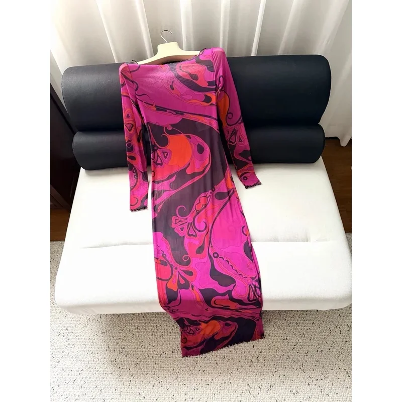 Women Purple Whirlpool Pattern Surrounding Printed Chiffon Translucent Sexy Long Dress