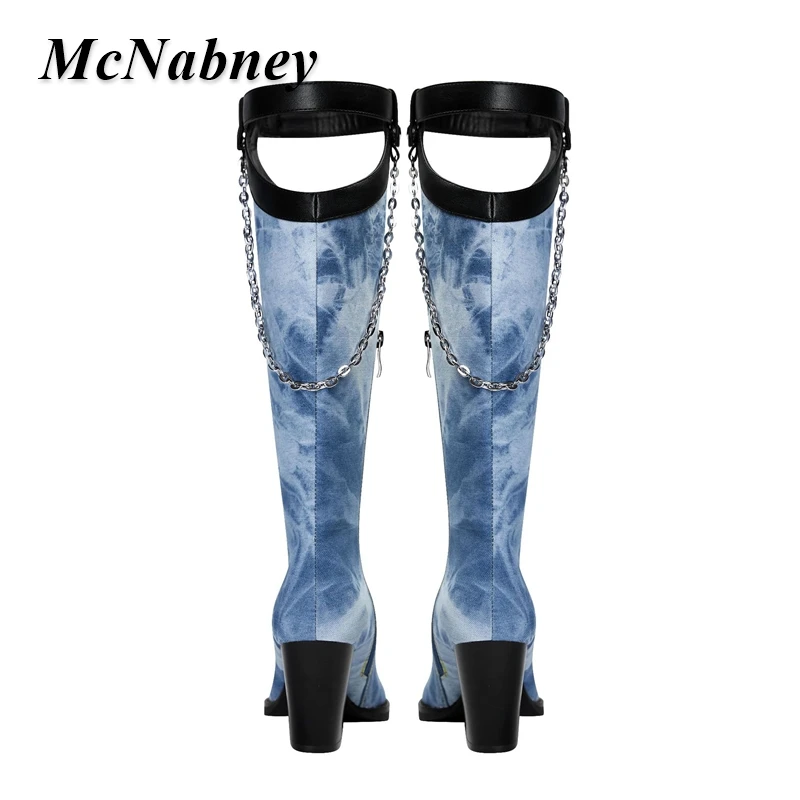 2023 New Denim Metal Buckle Chain Pointed Toe Boots Chunky High Heeled Buckle Strap Fashion Side Zipper Women Knee Boots Shoes