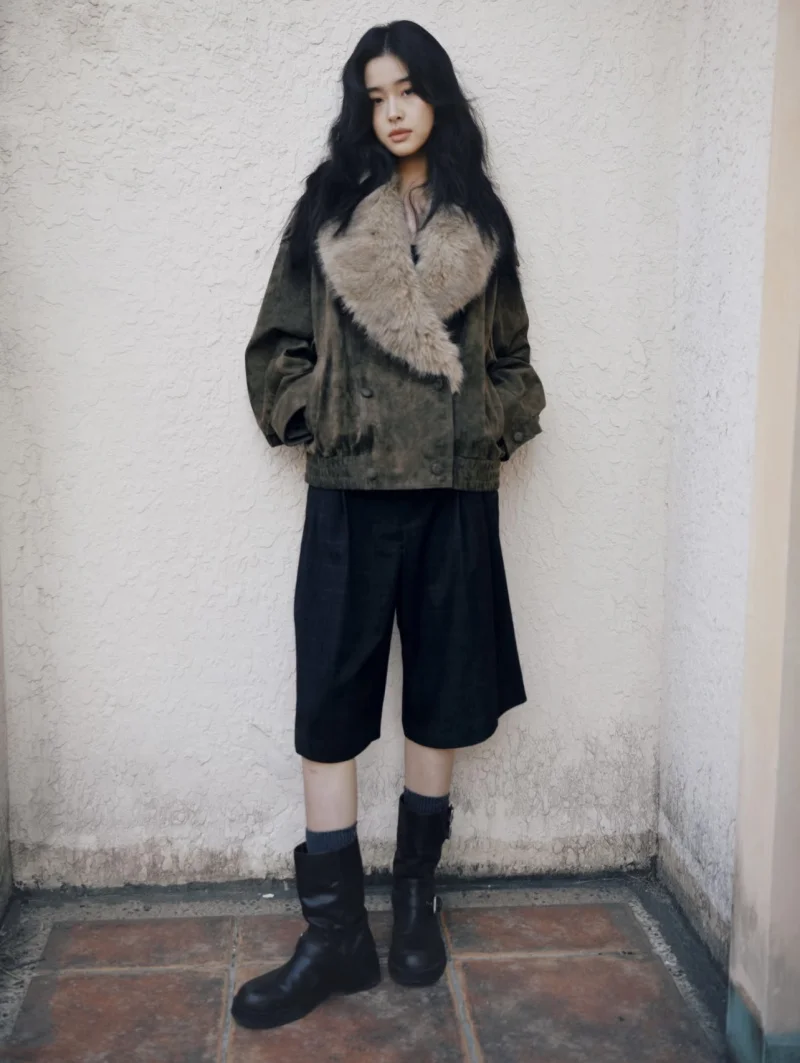 سترة نسائية شتوية جديدة ETJ 2025 قابلة للفصل من الجلد الصناعي مع ياقة كبيرة من الفرو وسترة فضفاضة من جلد الغزال