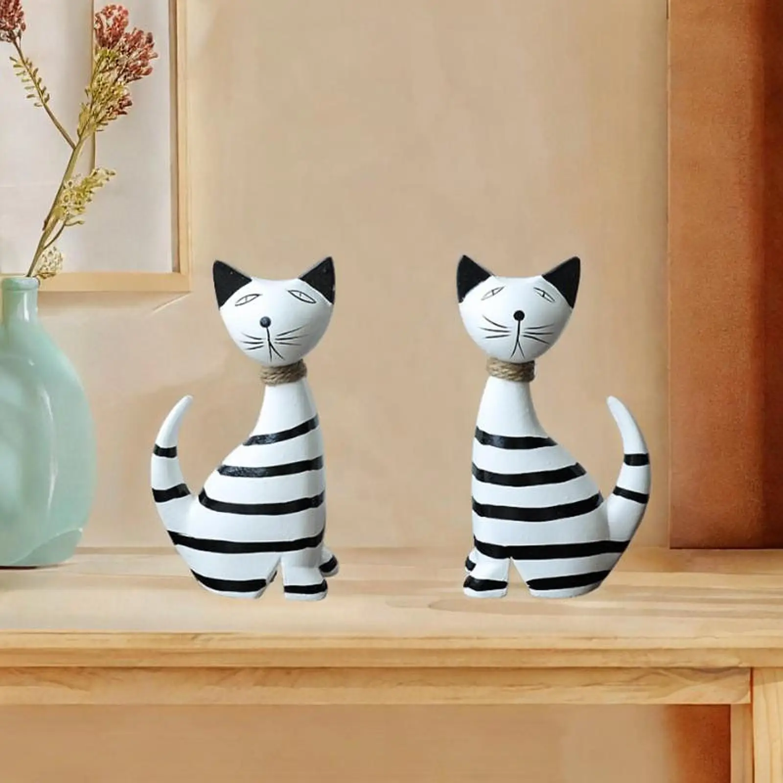 2x Stripes Cat Figurines Nordic Home Decor Ornaments Abstract Animal Sculptures for Colleague Coffee Table Friends Bedroom Home