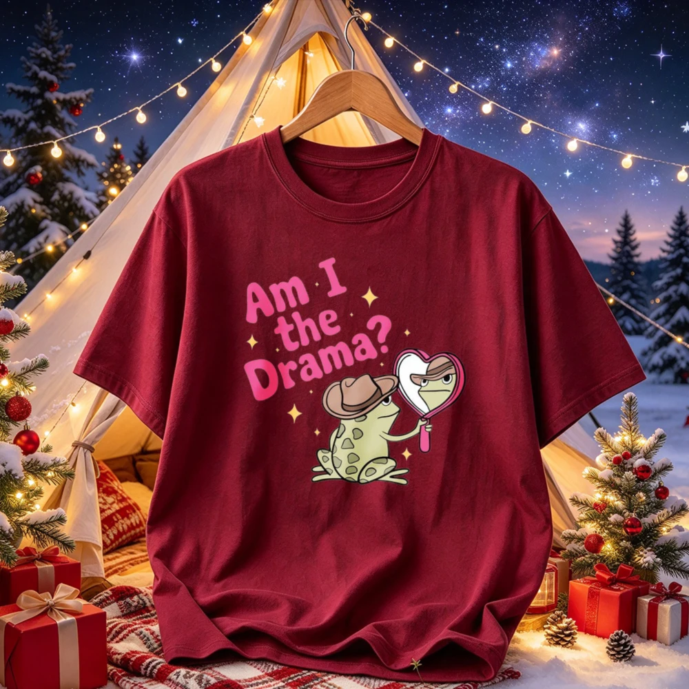 Am I The Drama Graphic Tee Cute Cowboy Frog Holding Heart Mirror Star Print Funny Meme Casual T-shirt Trendy Aesthetic Daily Top