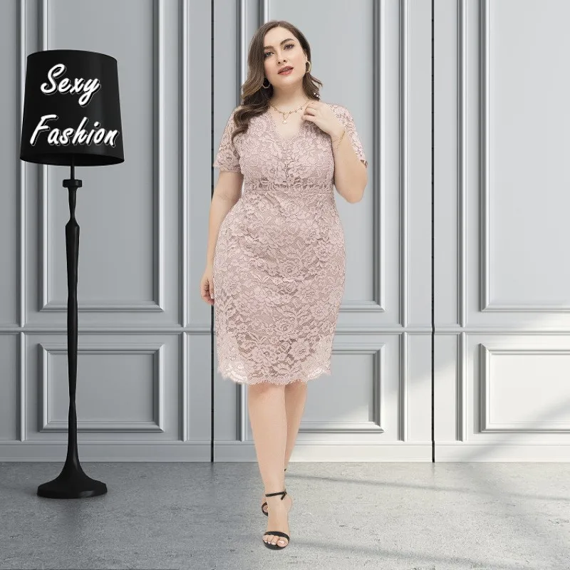 XL-5XL Plus Size Women Clothing Summer 2023 Short Sleeve V Neck Solid Color Mesh Lace Sexy Elegant Party Midi Evening Dresses