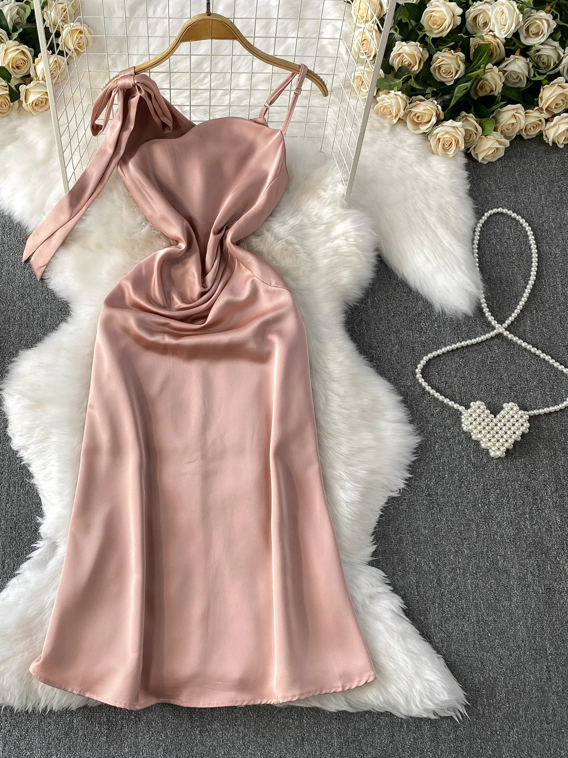 Ele Satin Wrap Dr with  Knot High Waist Slimming Long Skirt for Women Mid-Length A-Line Gown Korean Sle