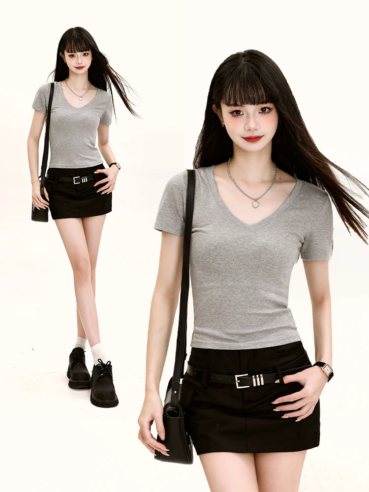 Slim Fit Pure Cotton Short Sleeve V-Neck T-Shirt Women's Summer Fashion Casual Top Shoulder Width Regular Cotton Tee