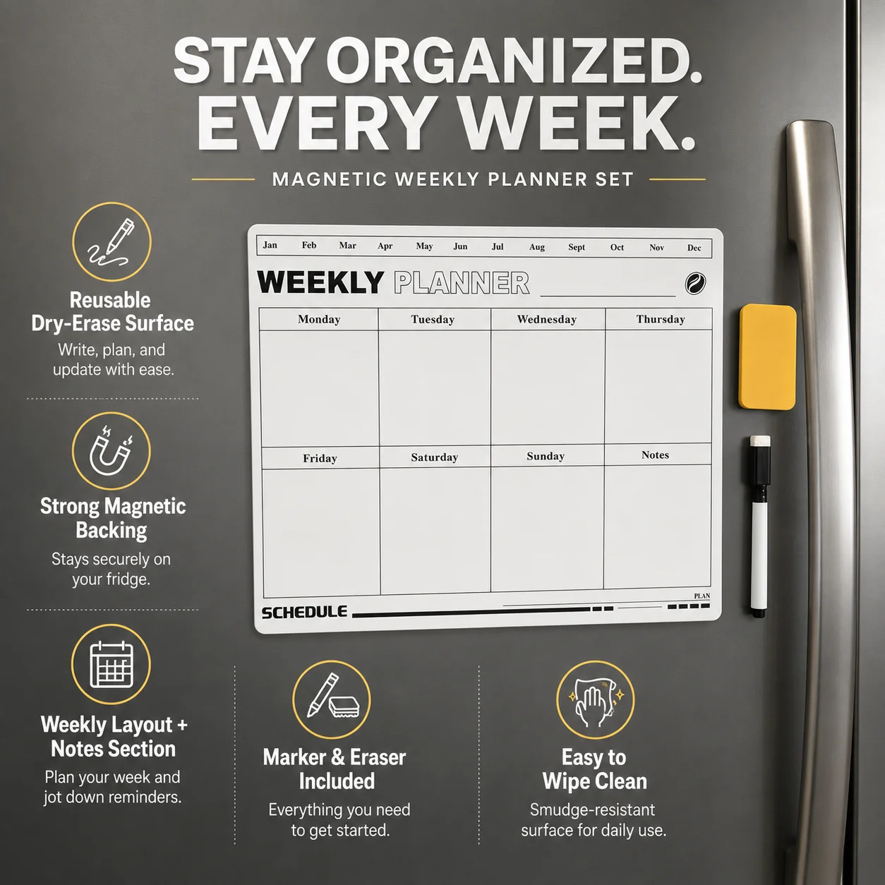 Fridge Magnetic Dry Erase Weekly Planner Board, Reusable Weekly Schedule Whiteboard for Family Household Planning
