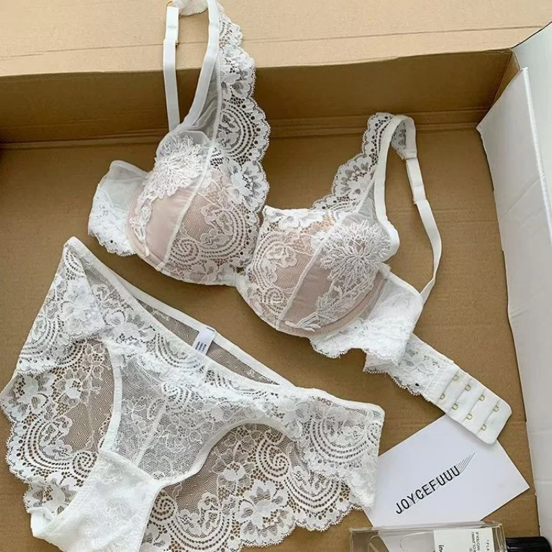 Sexy Lace Thin Section Bra Breathable Small Breasts Gathered Vice Breasts Comfortable Soft Steel Ring Anti-Sagging Bra Set