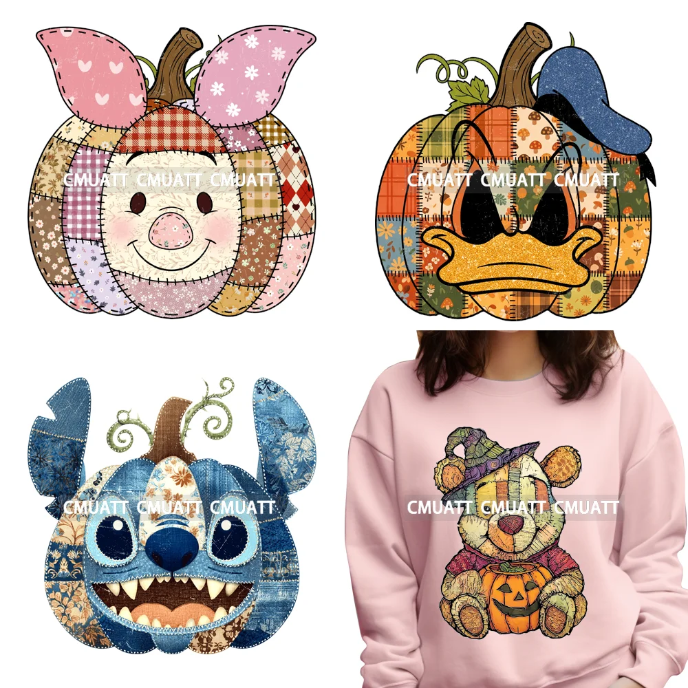 

Spooky Cartoon Character Girly Patchwork Pumpkin Preppy Fall Halloween Iron on DTF Transfers Stickers Ready to Press for Hoodies