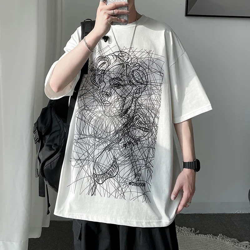 Couple Large Size Loose Abstract Thread Character Short Sleeve T-Shirt Men's High Street Hip Hop Cotton White T-Shirt Top M-5XL