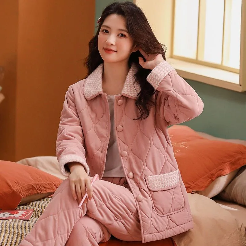 

2024 New Cotton Pajamas Women's Autumn Winter Loungewear Coral Velvet Three-layer Medium Thickness Plush Woven Warm Homewear Set