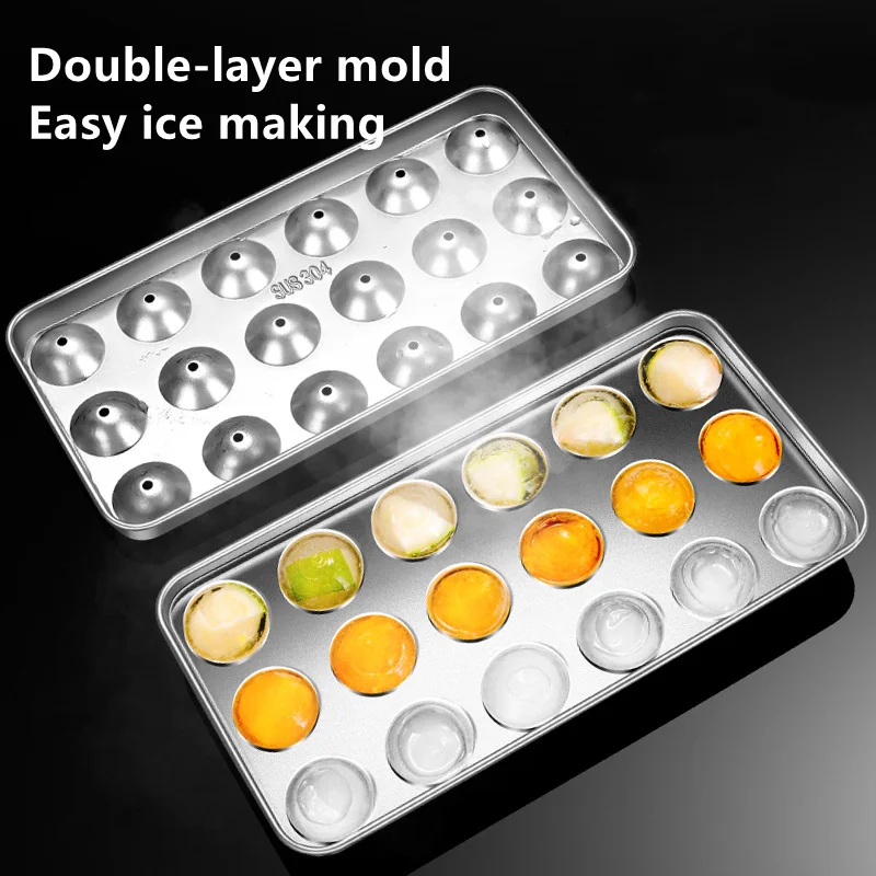 

304 Stainless Steel Creative Round Ice Cube Tray with Lid Spherical Ice Box Whiskey Cocktails Kitchen Tools Accessories Ice Mold