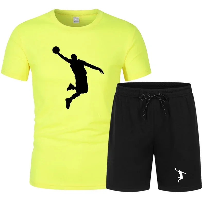 2025 Men's short-sleeved breathable mesh round neck T-shirt + casual shorts two-piece summer training jogging tracksuit