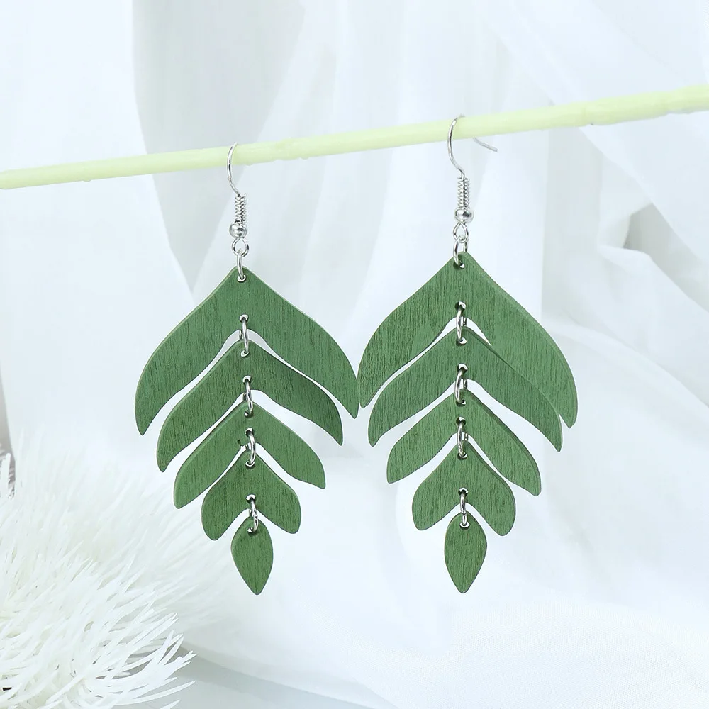 Ethnic Vintage Long Wooden Leaf Dangle Earrings for Women Boho Colorful Splicing Statement Hook Earrings Pendientes Mujer Gift