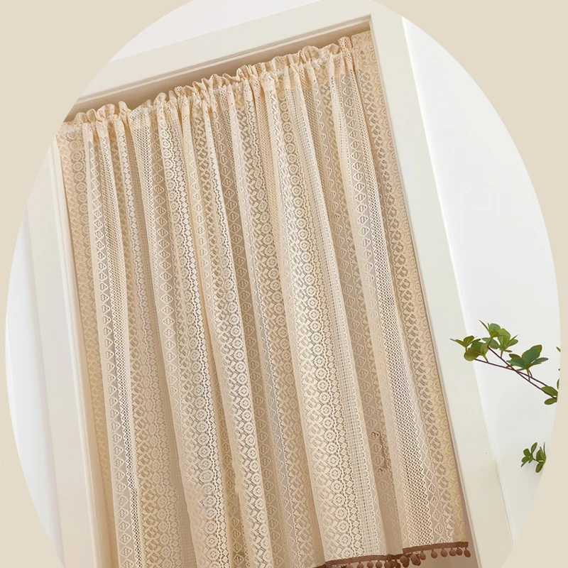 Beige Boho Curtains Crochet Lace Semi-Sheer Bohemian Hollow Knitted Handmade Tassels Rod Pocket Window Treatment for Slide Doors