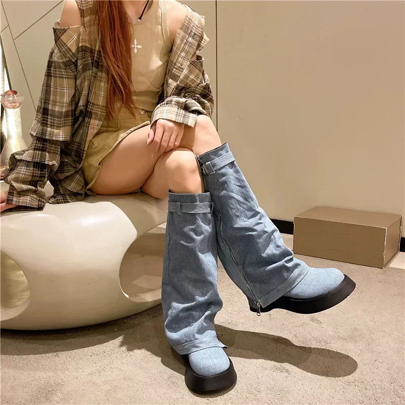 Women Pleated Chunky Platform Knee High Denim Boots Women Thick Bottom Wedge Western Boots Side Zipper Cowgirl Botas 2024