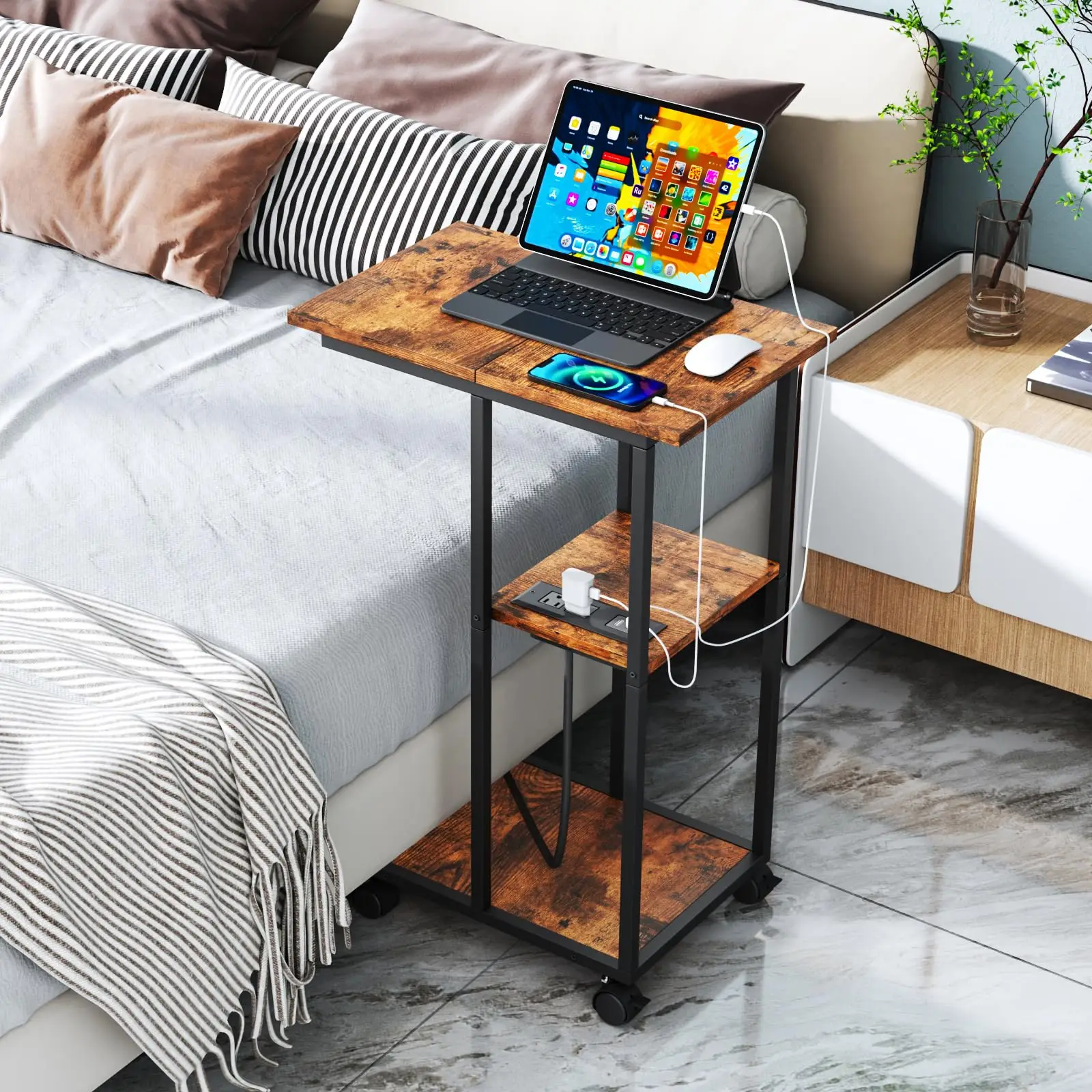 

C-Shaped Rolling Bedside Table With Built-In Power Outlet And USB Ports, Rustic Wood Finish, 27.2 Inches Tall For Bedroom Or