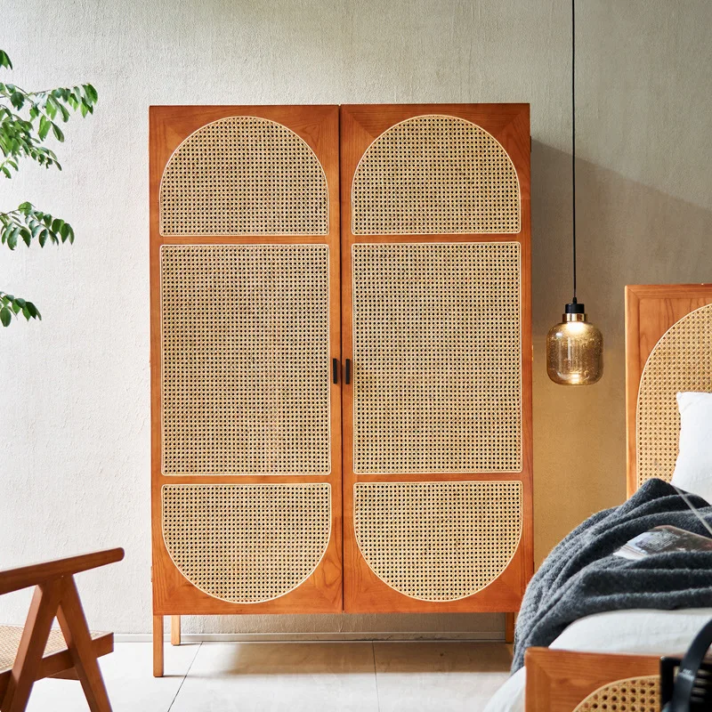 

Nordic solid wood wardrobe modern home rattan wardrobe B & B creative locker bedroom large capacity storage cabinet