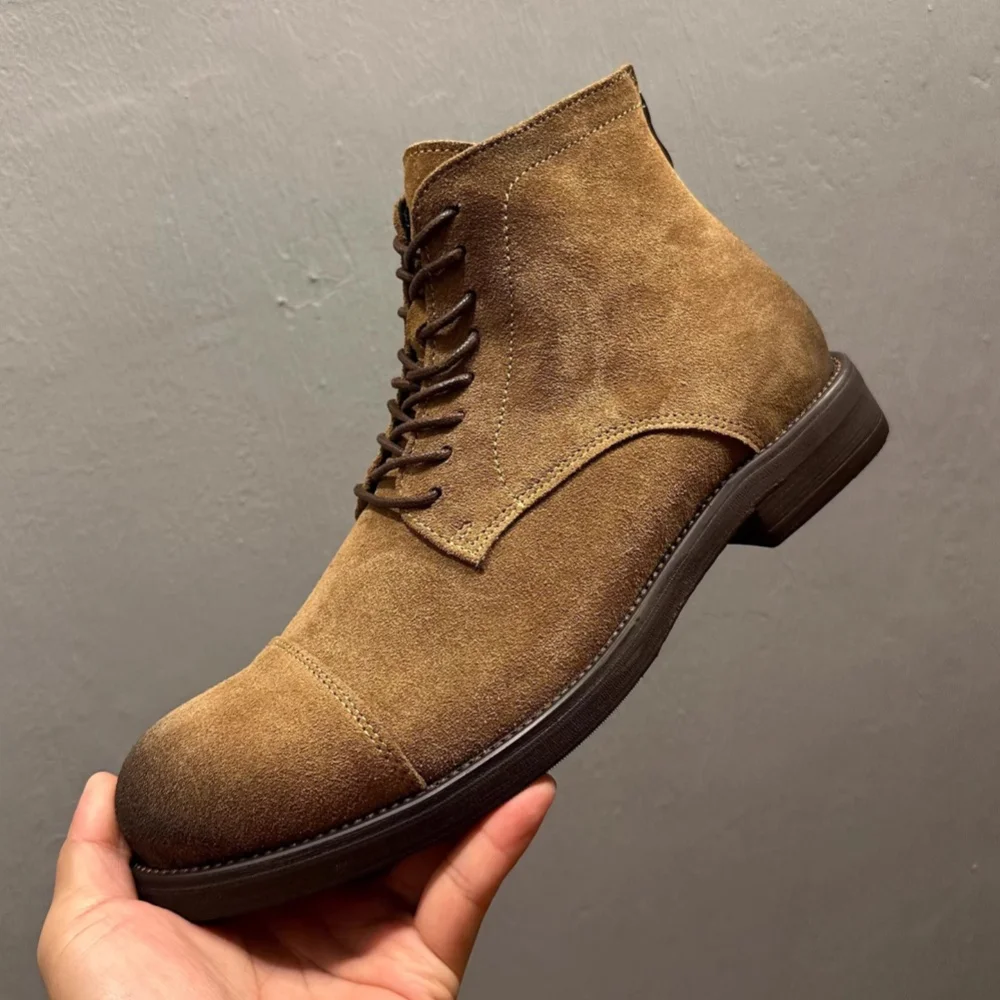

QHCCID Male Lace Up ZIP Boots Cowhide Leather Handmade Retro Desert Boots Genuine Leather Men's Motorcycle Boots