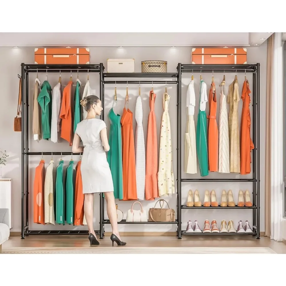 Wardrobe Closet Heavy Duty Clothes Rack, Portable Closet Organizer System with 4 Hang Rods & 8 Shelves