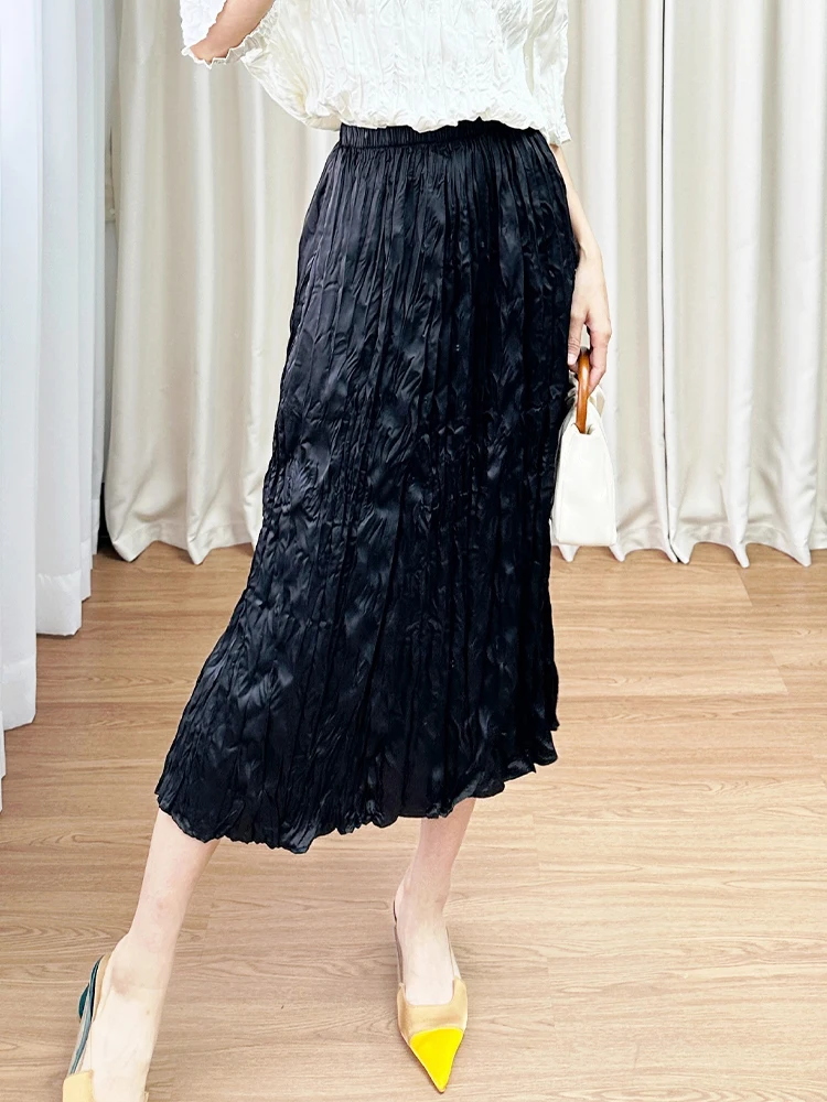 

Elegant Midi Skirt Women's High Waist Pleated A-Line Skirt Commute Style Polyester Fabric Simple Design Autumn New Arrival