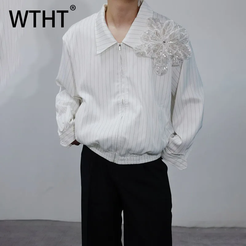 

WTHT Fashion Men's Striped Spliced 3D Flower Design Loose Shirts Trendy Long Sleeve Turn Down Collar Top Male 2025 Autumn 2A1938
