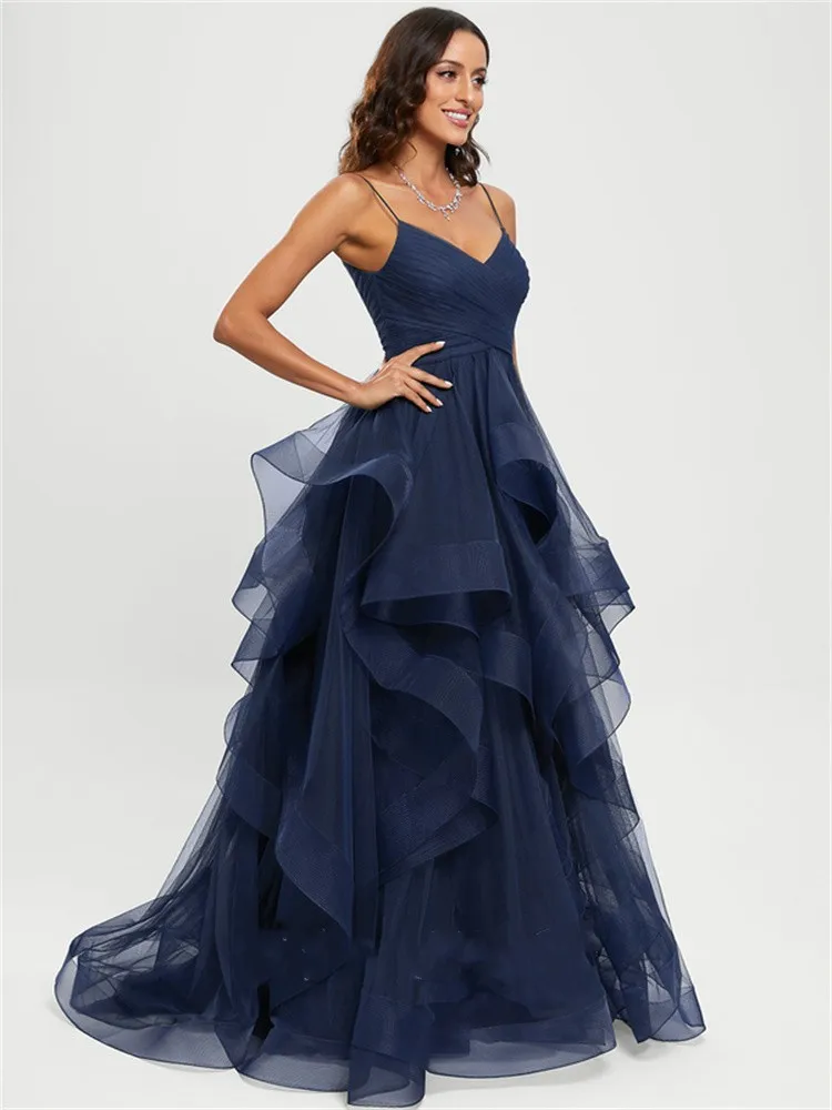 

Ball-Gown Prom Dresses Sexy Dress Formal Floor Length Sleeveless Spaghetti Strap Lace with Ruffles Appliques Chic And Elegant