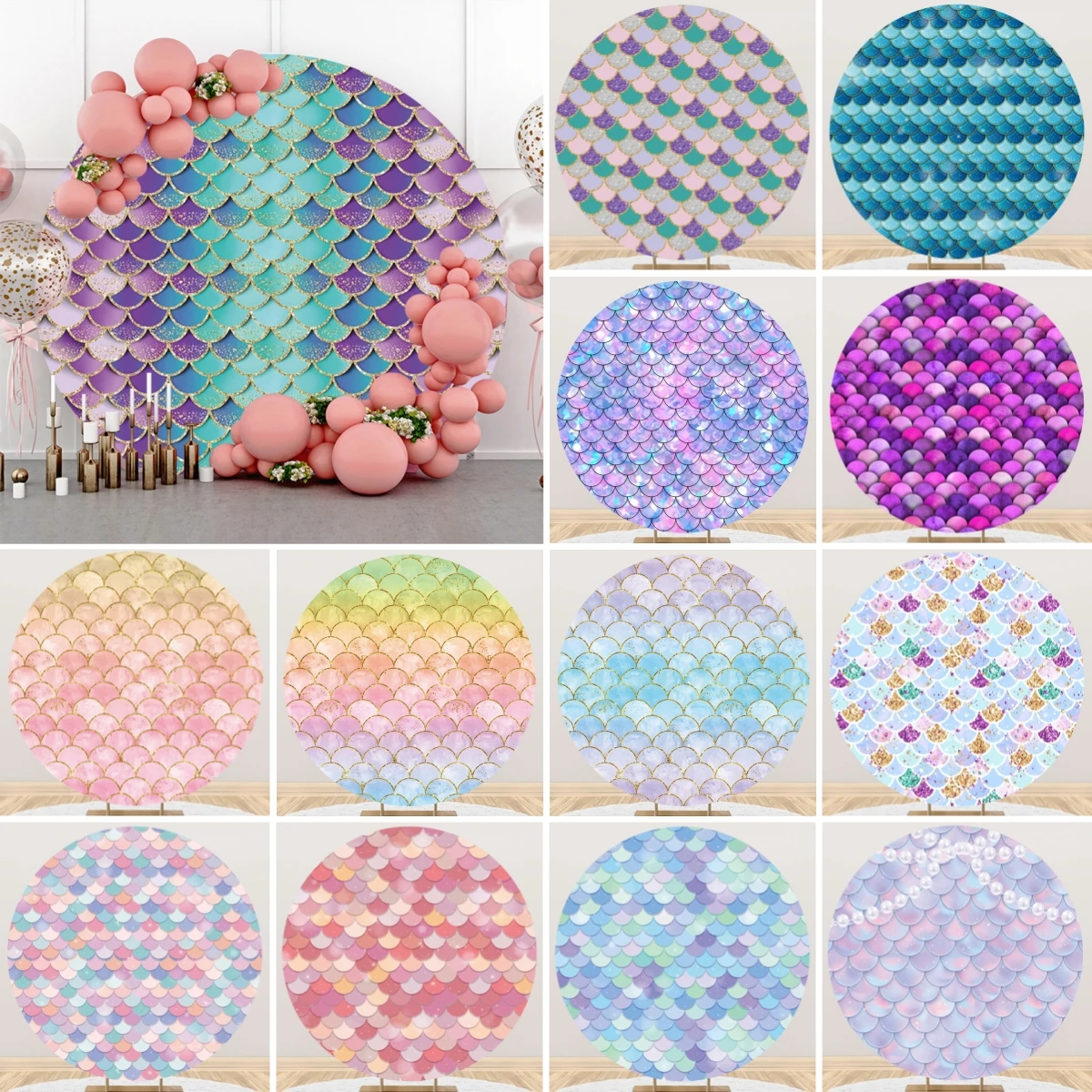 

Mermaid Princess Round Photography Background Undersea Child Birthday Party Colored Scales Baby Shower Portraits Circle Backdrop
