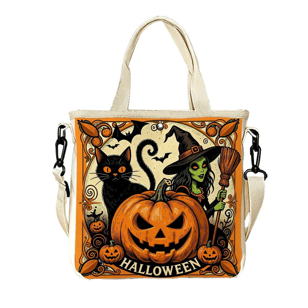Witch and cat pumpkins Double-Sided Printed Canvas Tote Purse Removable Crossbody Strap Women Handbag for Outdoor Trips